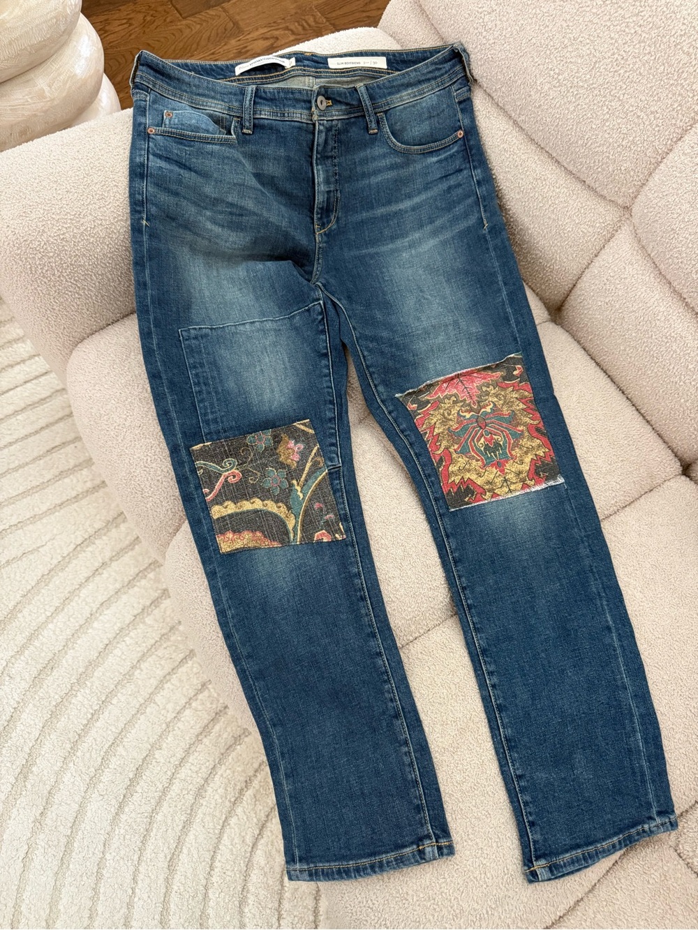 Anthropologie - Pilcro Dark Blue slim boyfriend Jeans with Multicolor Patchwork